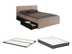 Vente-unique Lit avec 4 tiroirs 140 x 190 cm - Coloris : Naturel et noir + Sommier + Matelas - VELONA* Lit Avec Rangement