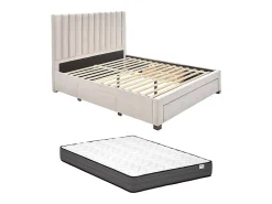 Vente-unique Lit avec 3 tiroirs 140 x 200 cm - Tissu - Beige + Matelas - LIAKO* Lit Avec Rangement