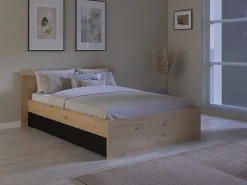 Lit avec 2 tiroirs 160 x 200 cm - Coloris : Naturel et noir + Sommier - VARLY>Vente-unique Outlet