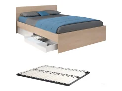 Lit avec 2 tiroirs 160 x 200 cm - Coloris : Naturel et blanc brillant + sommier - VELONA><noscript><img width=