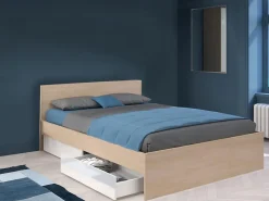Lit avec 2 tiroirs 160 x 200 cm - Coloris : Naturel et blanc brillant + sommier - VELONA><noscript><img width=