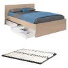 Lit avec 2 tiroirs 140 x 190 cm - Coloris : Naturel et blanc brillant + sommier - VELONA>Vente-unique Online