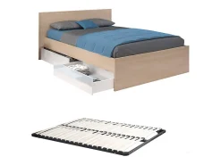 Lit avec 2 tiroirs 140 x 190 cm - Coloris : Naturel et blanc brillant + sommier - VELONA>Vente-unique Online