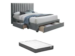 Lit avec 3 tiroirs 160 x 200 cm - Tissu - Gris + Matelas - LIAKO><noscript><img width=
