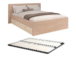 Vente-unique Lit avec 2 tiroirs 140 x 190 cm - coloris : Naturel et beige + Sommier - VELONA* Lit Avec Rangement