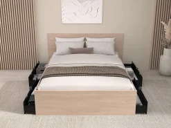 Lit avec 4 tiroirs 160 x 200 cm - Coloris : Naturel et noir + Sommier - VELONA>Vente-unique Discount