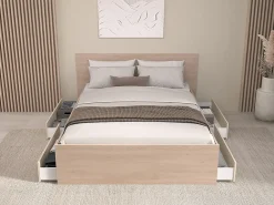 Lit avec 4 tiroirs 140 x 190 cm - coloris : Naturel et beige - VELONA>Vente-unique Outlet