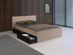 Lit avec 2 tiroirs 140 x 190 cm - Coloris : Naturel et noir - VELONA><noscript><img width=