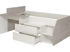 Lit avec bureau et rangements - 90 x 190/200 cm - Blanc et naturel + Sommier + Matelas - GISELE>Vente-unique Discount