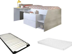 Lit avec bureau et rangements - 90 x 190/200 cm - Blanc et naturel + Sommier + Matelas - GISELE><noscript><img width=