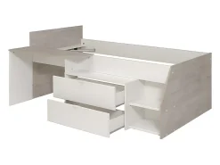 Vente-unique Lit avec bureau et rangements - 90 x 190/200 cm - Blanc et naturel - GISELE*Enfant Lit Enfant