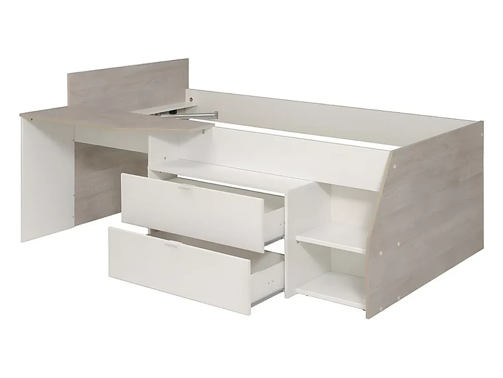Vente-unique Lit avec bureau et rangements - 90 x 190/200 cm - Blanc et naturel - GISELE*Enfant Lit Enfant