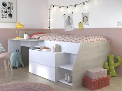 Vente-unique Lit avec bureau et rangements - 90 x 190/200 cm - Blanc et naturel - GISELE*Enfant Lit Enfant