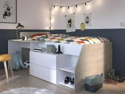 Vente-unique Lit avec bureau et rangements - 90 x 190/200 cm - Blanc et naturel - GISELE*Enfant Lit Enfant