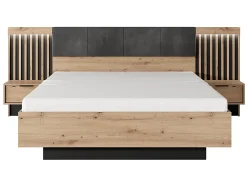 Vente-unique Lit avec chevets 160 x 200 cm - Avec LEDs - Coloris : Naturel et noir + Sommier + Matelas - ARIADA* Lit Avec Rangement