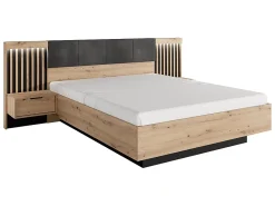 Vente-unique Lit avec chevets 160 x 200 cm - Avec LEDs - Coloris : Naturel et noir + Sommier + Matelas - ARIADA* Lit Avec Rangement