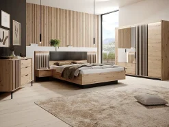 Vente-unique Lit avec chevets 160 x 200 cm - Avec LEDs - Coloris : Naturel et noir + Sommier + Matelas - ARIADA* Lit Avec Rangement