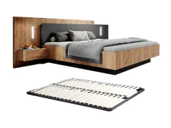 Vente-unique Lit avec chevets 160 x 200 cm - 2 tiroirs - Avec LEDs - Coloris : Naturel et anthracite + Sommier - FRANCOLI* Lit Avec Rangement