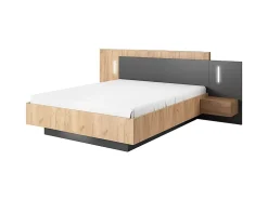 Vente-unique Lit avec chevets 160 x 200 cm - 2 tiroirs - Avec LEDs - Coloris : Naturel et anthracite + Sommier - FRANCOLI* Lit Avec Rangement