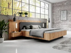 Vente-unique Lit avec chevets 160 x 200 cm - 2 tiroirs - Avec LEDs - Coloris : Naturel et anthracite + Sommier - FRANCOLI* Lit Avec Rangement