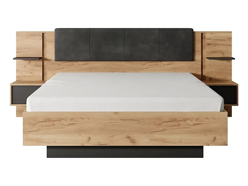 Vente-unique Lit avec chevets 160 x 200 cm - Avec LEDs - Coloris : Naturel et anthracite - ELYNIA* Lit Avec Rangement