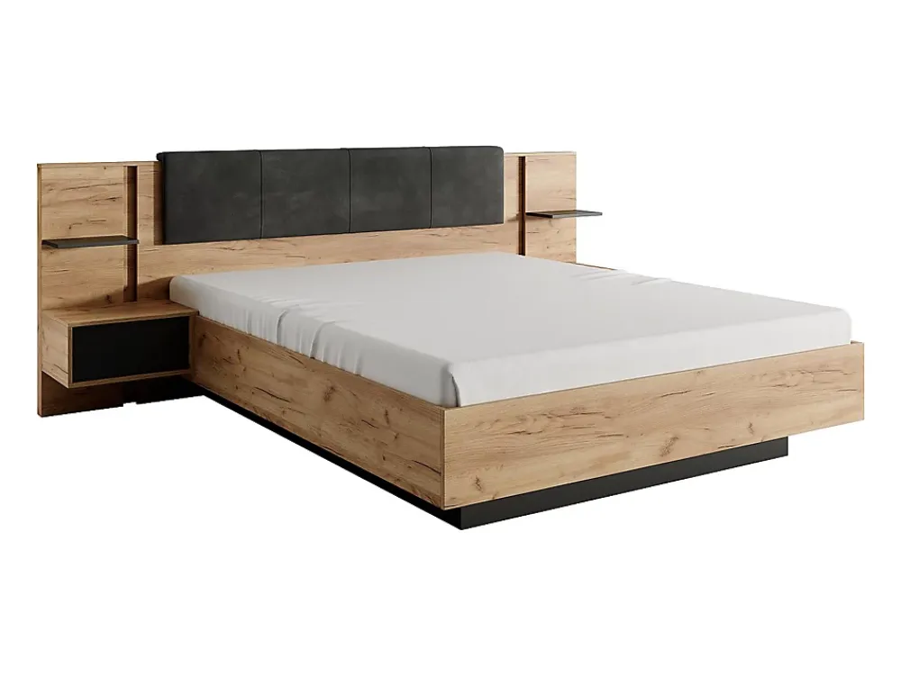 Vente-unique Lit avec chevets 160 x 200 cm - Avec LEDs - Coloris : Naturel et anthracite - ELYNIA* Lit Avec Rangement