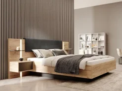Vente-unique Lit avec chevets 160 x 200 cm - Avec LEDs - Coloris : Naturel et anthracite - ELYNIA* Lit Avec Rangement