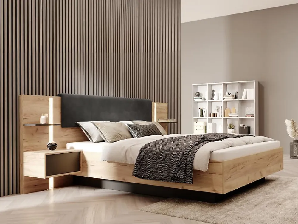 Vente-unique Lit avec chevets 160 x 200 cm - Avec LEDs - Coloris : Naturel et anthracite - ELYNIA* Lit Avec Rangement