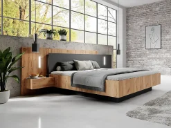 Vente-unique Lit avec chevets 160 x 200 cm - 2 tiroirs - Avec LEDs - Coloris : Naturel et anthracite + Sommier + Matelas - FRANCOLI* Lit Avec Rangement