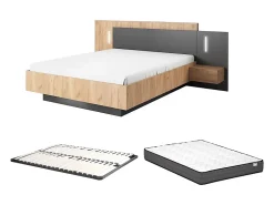 Vente-unique Lit avec chevets 160 x 200 cm - 2 tiroirs - Avec LEDs - Coloris : Naturel et anthracite + Sommier + Matelas - FRANCOLI* Lit Avec Rangement