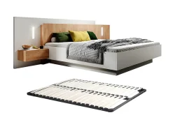Lit avec chevets 160 x 200 cm - 2 tiroirs - Avec LEDs - Coloris : Blanc et naturel + Sommier - FRANCOLI>Vente-unique Sale