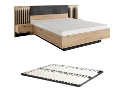 Lit avec chevets 160 x 200 cm - Avec LEDs - Coloris : Naturel et noir + Sommier - ARIADA>Vente-unique Best