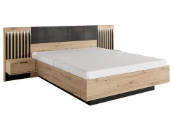 Lit avec chevets 160 x 200 cm - Avec LEDs - Coloris : Naturel et noir + Sommier - ARIADA>Vente-unique Best