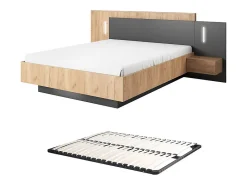 Lit avec chevets 140 x 190 cm - 2 tiroirs - Avec LEDs - Coloris : Naturel et anthracite + Sommier - FRANCOLI>Vente-unique New