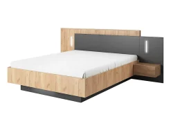 Lit avec chevets 140 x 190 cm - 2 tiroirs - Avec LEDs - Coloris : Naturel et anthracite + Sommier - FRANCOLI><noscript><img width=