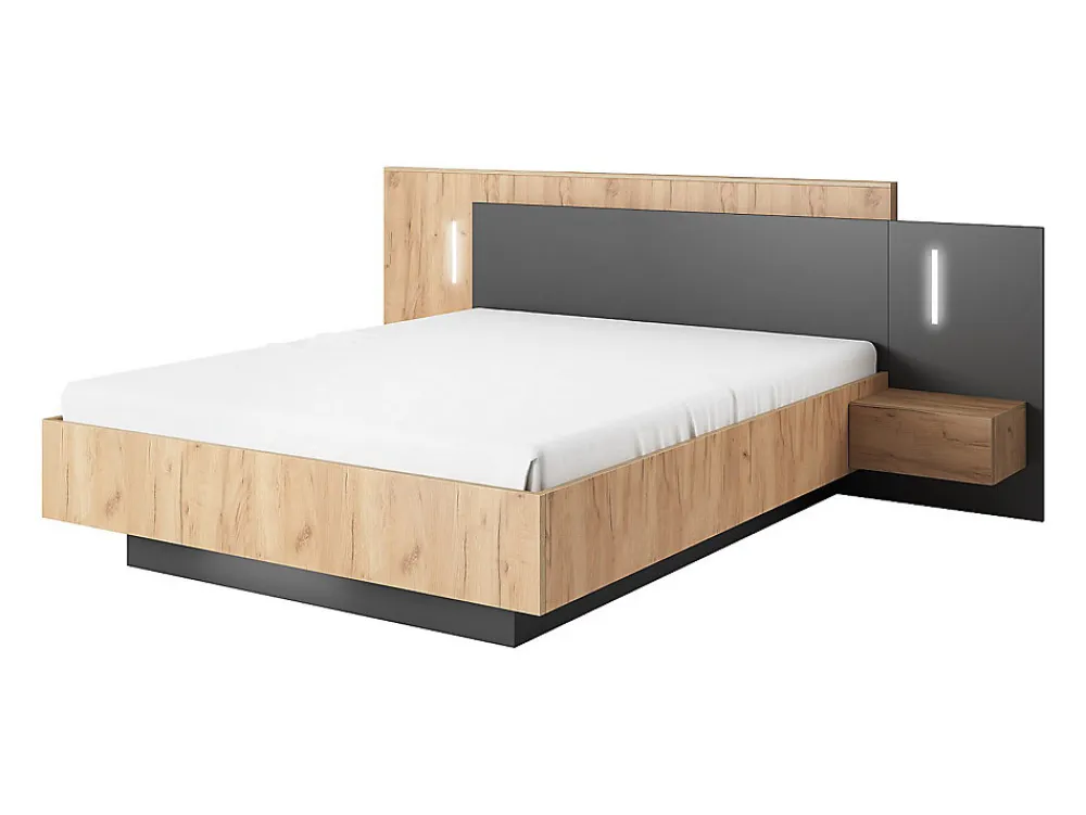 Lit avec chevets 160 x 200 cm - 2 tiroirs - Avec LEDs - Coloris : Naturel et anthracite - FRANCOLI>Vente-unique Online