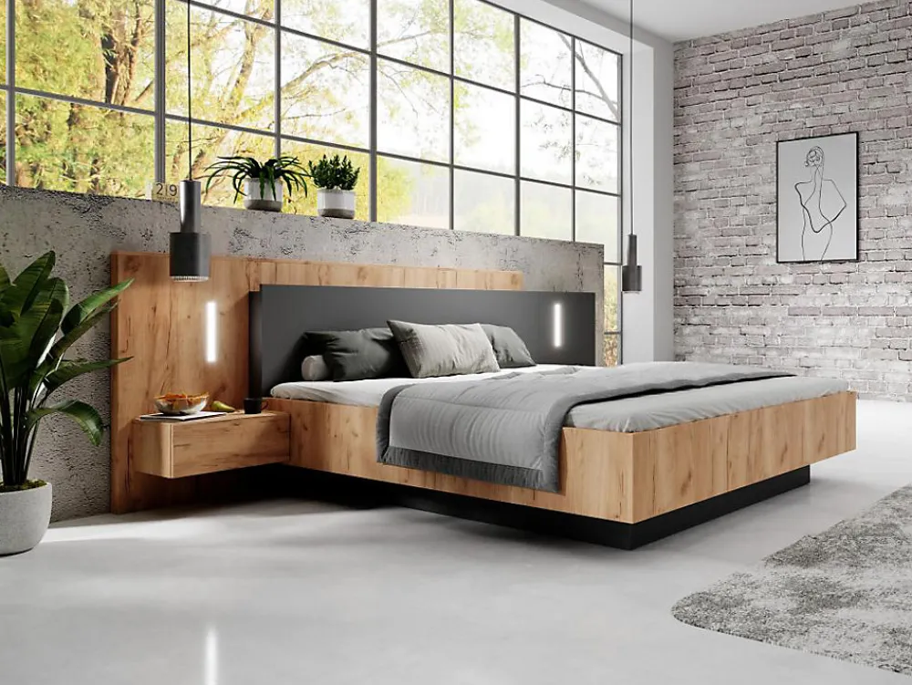 Lit avec chevets 160 x 200 cm - 2 tiroirs - Avec LEDs - Coloris : Naturel et anthracite - FRANCOLI>Vente-unique Online