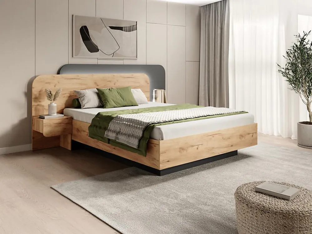 Lit avec chevets 160 x 200 cm - Avec LEDs - Coloris : Naturel et anthracite - DESADO>Vente-unique Sale
