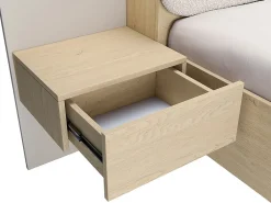 Lit avec chevets 160 x 200 cm - Avec LEDs - Coloris : Beige et naturel + Sommier - LYORIMA><noscript><img width=
