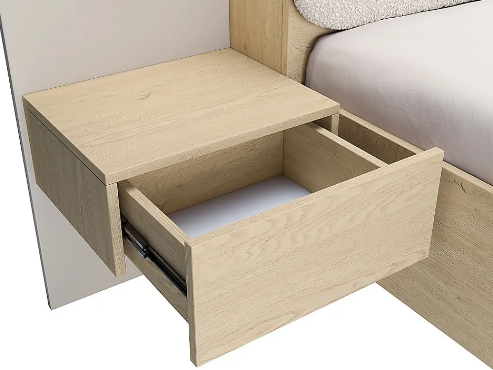 Lit avec chevets 160 x 200 cm - Avec LEDs - Coloris : Beige et naturel + Sommier - LYORIMA>Vente-unique Sale