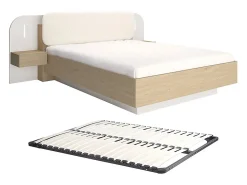 Lit avec chevets 160 x 200 cm - Avec LEDs - Coloris : Beige et naturel + Sommier - LYORIMA><noscript><img width=