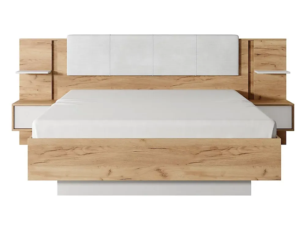 Vente-unique Lit avec chevets 160 x 200 cm - Avec LEDs - Coloris : Naturel et blanc - ELYNIA* Lit Avec Rangement