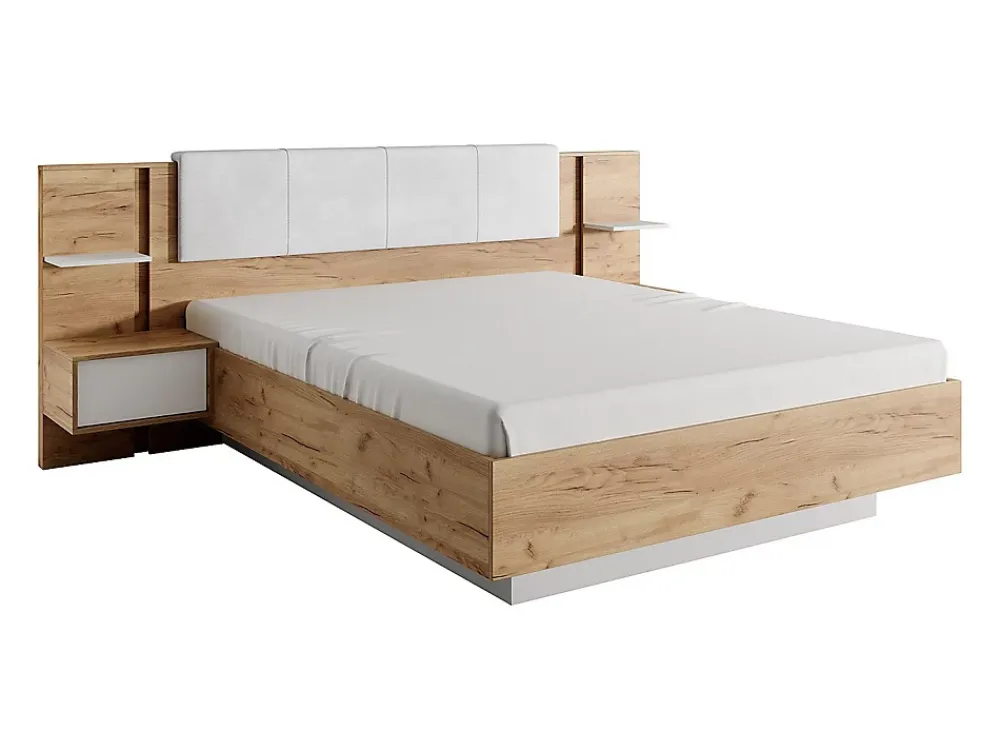 Vente-unique Lit avec chevets 160 x 200 cm - Avec LEDs - Coloris : Naturel et blanc - ELYNIA* Lit Avec Rangement