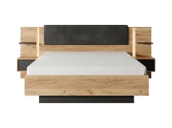 Lit avec chevets 160 x 200 cm - Avec LEDs - Coloris : Naturel et anthracite + Sommier + Matelas - ELYNIA><noscript><img width=