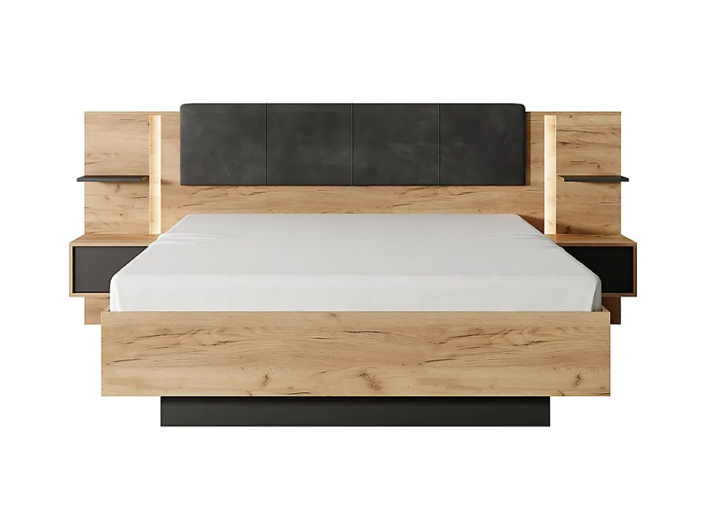 Lit avec chevets 160 x 200 cm - Avec LEDs - Coloris : Naturel et anthracite + Sommier + Matelas - ELYNIA>Vente-unique Online