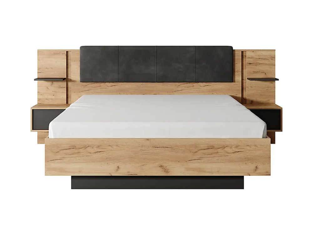 Lit avec chevets 160 x 200 cm - Avec LEDs - Coloris : Naturel et anthracite + Sommier + Matelas - ELYNIA>Vente-unique Online