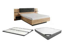 Lit avec chevets 160 x 200 cm - Avec LEDs - Coloris : Naturel et anthracite + Sommier + Matelas - ELYNIA><noscript><img width=