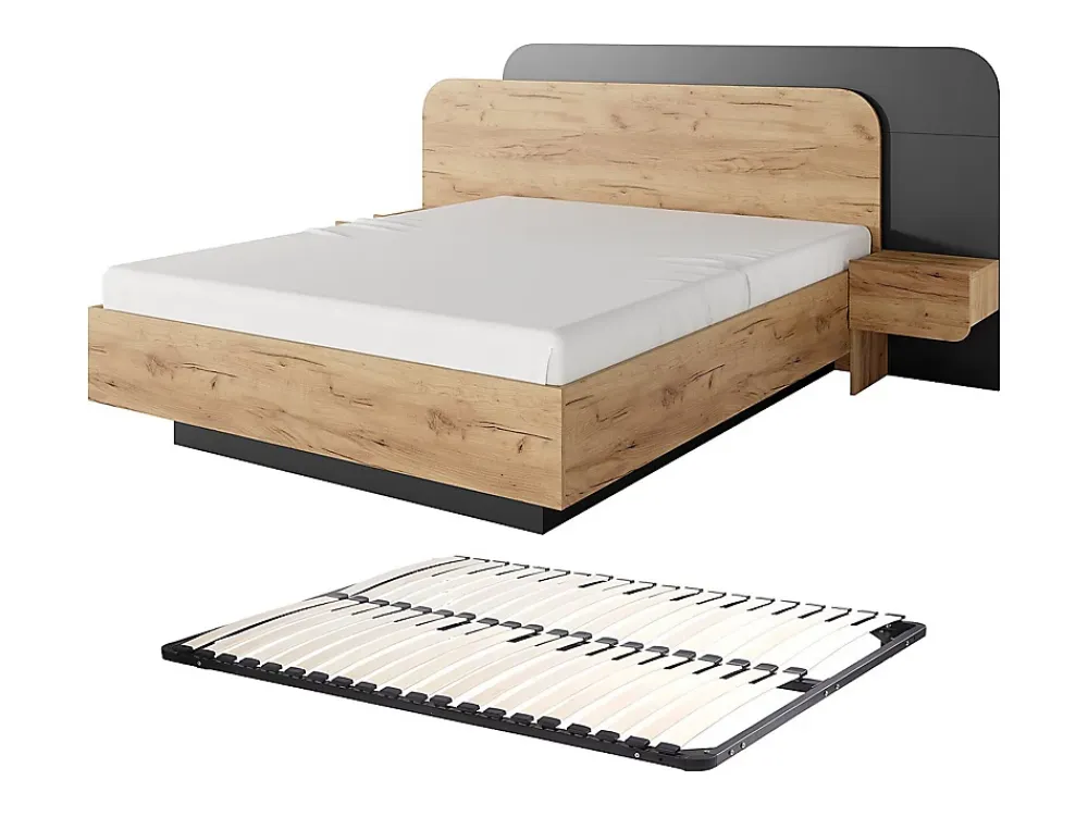 Vente-unique Lit avec chevets 160 x 200 cm - Avec LEDs - Coloris : Naturel et anthracite + Sommier - DESADO* Lit Avec Rangement