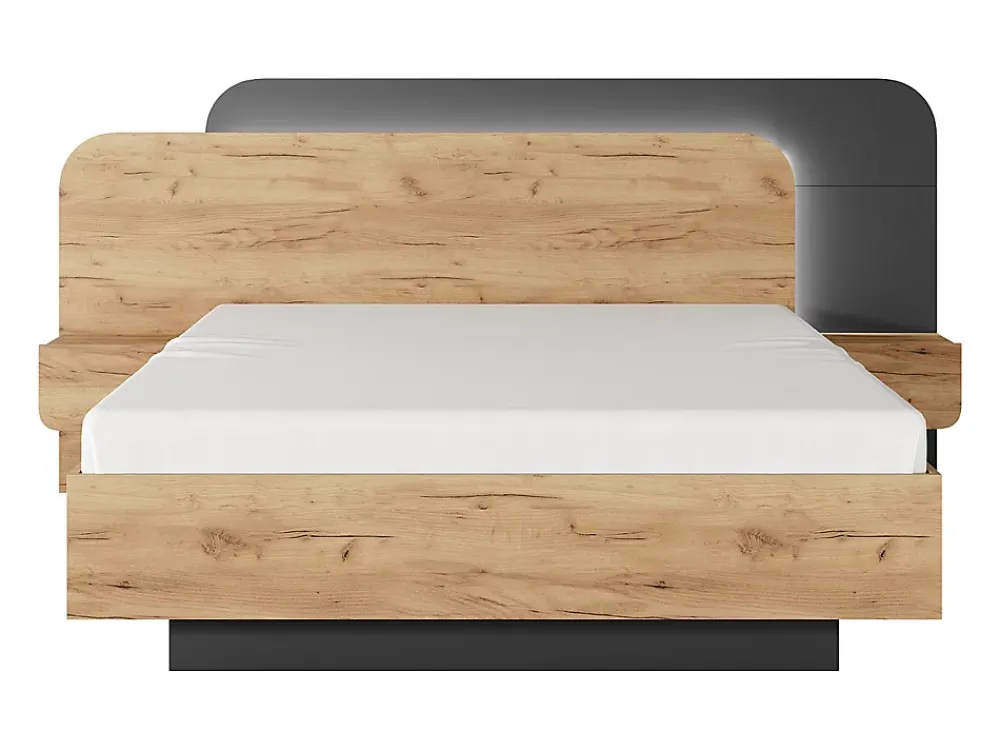 Vente-unique Lit avec chevets 160 x 200 cm - Avec LEDs - Coloris : Naturel et anthracite + Sommier - DESADO* Lit Avec Rangement