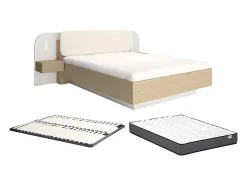 Lit avec chevets 160 x 200 cm - Avec LEDs - Coloris : Beige et naturel + Sommier + Matelas - LYORIMA>Vente-unique Discount